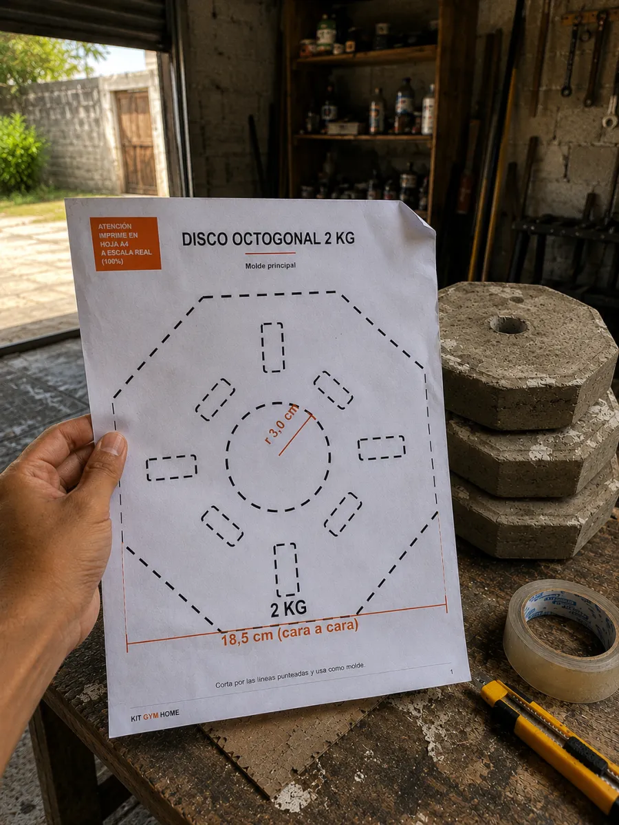 Molde de disco octogonal con agarres del kit, sostenido en garaje casero