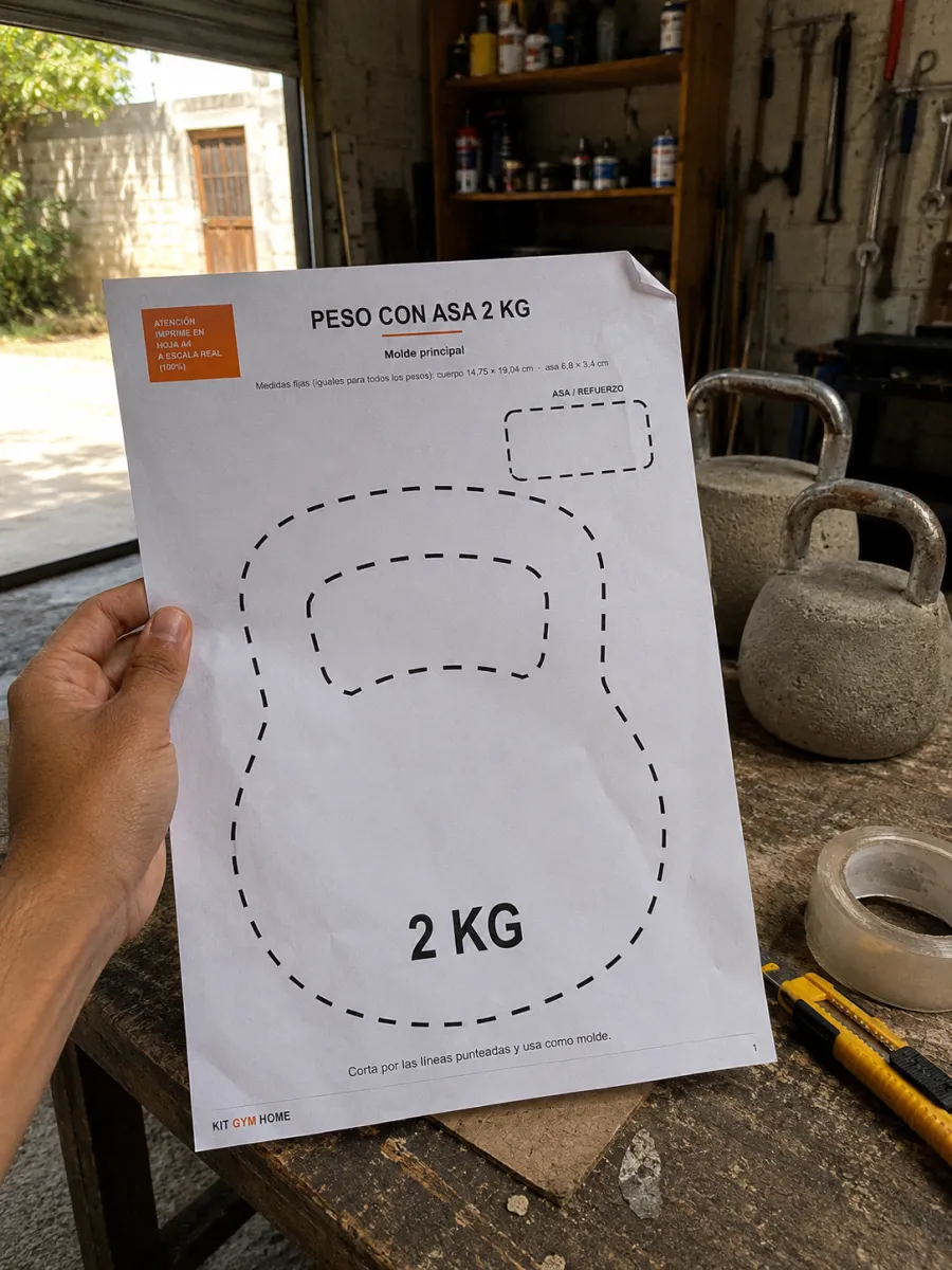 Molde de peso con asa tipo kettlebell del kit, sostenido en garaje casero