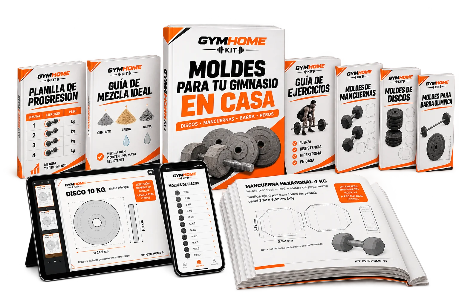 Mockup del Kit Gym Home: moldes impresos, guías y app con videolecciones