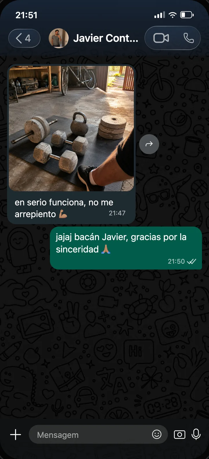 Captura de WhatsApp de Javier Contreras, Santiago de Chile: en serio funciona, no me arrepiento