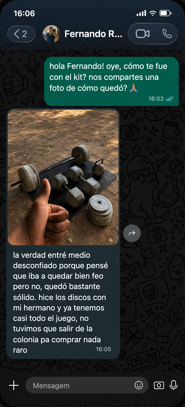 Captura de WhatsApp de Fernando Ríos, Guadalajara, México: entró desconfiado pero el kit quedó bastante sólido, ya tiene casi todo el juego de pesas