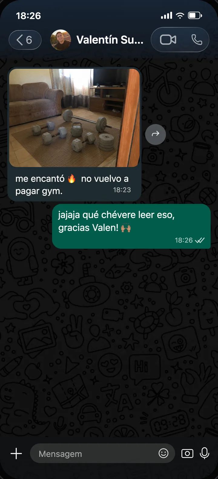 Captura de WhatsApp de Valentín Suárez, Quito, Ecuador: le encantó y no vuelve a pagar gimnasio