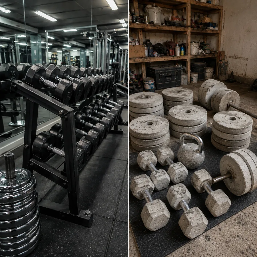 Comparación: pesas de academia a la izquierda, pesas de concreto GymHome Kit a la derecha